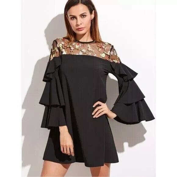 Black Shift Dress Sz 4 Mesh Embroidered Floral Ruffled Sleeves Whimsigoth Fairy - Picture 1 of 11